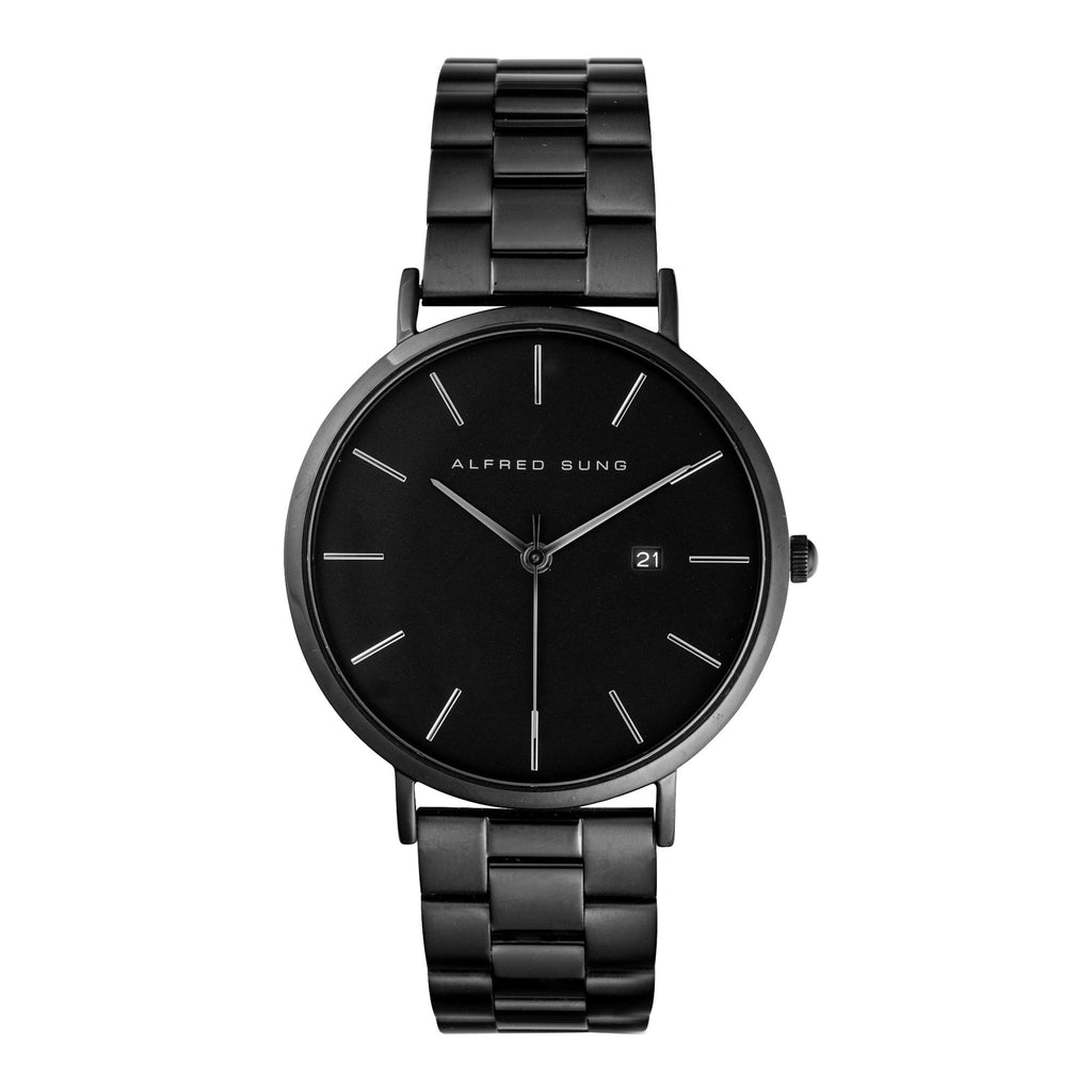 Alfred Sung Metropolitan Date Watch, Black Dial, Steel Bracelet