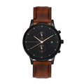 Alfred Sung Dual Time Watch, Black Dial, Brown Leather Strap