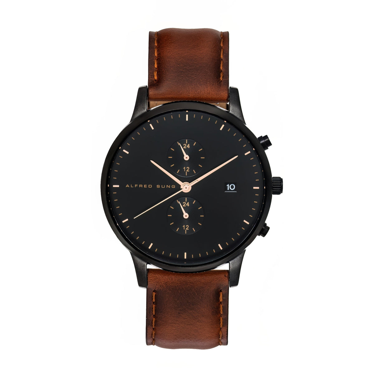 Alfred Sung Dual Time Watch, Black Dial, Brown Leather Strap