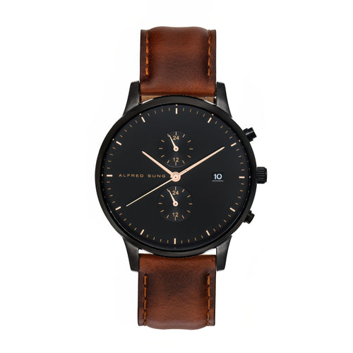 Alfred Sung Dual Time Watch, Black Dial, Brown Leather Strap
