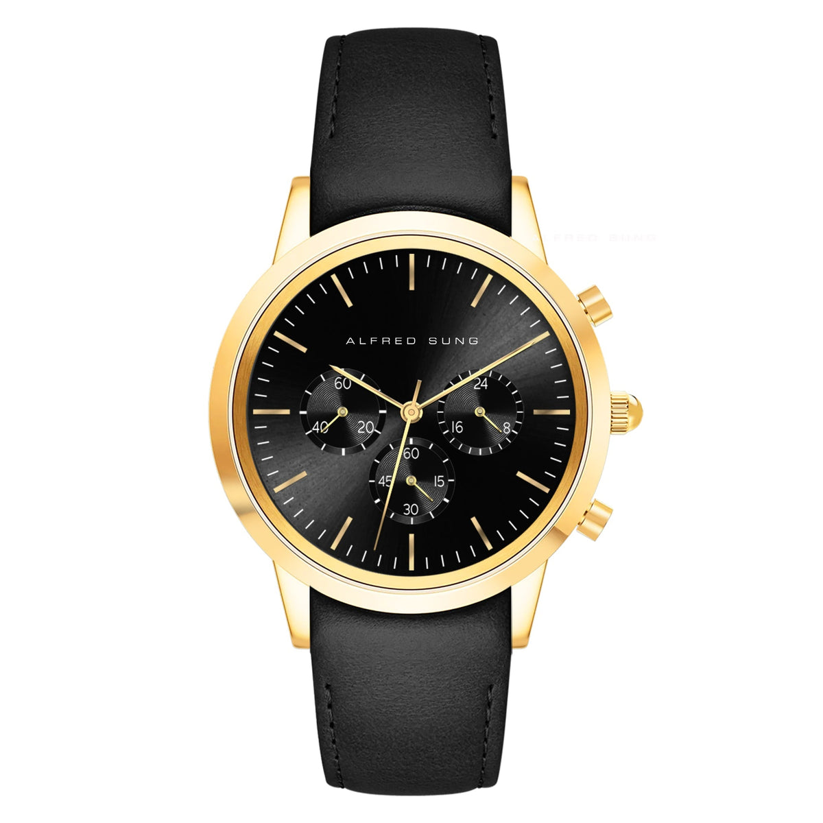 Alfred Sung Chronograph Watch, Black Dial, Black Leather Strap
