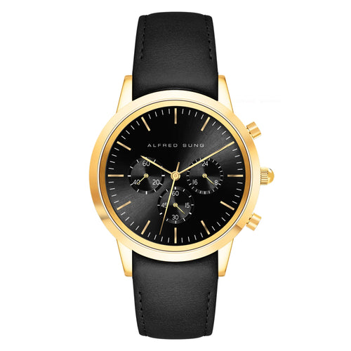 Alfred Sung Chronograph Watch, Black Dial, Black Leather Strap