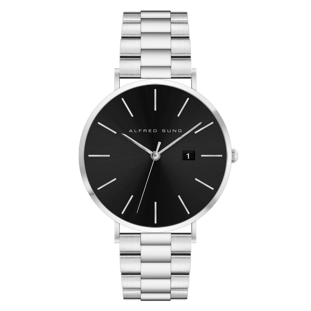 Alfred Sung Metropolitan Date Watch, Black Dial, Silver Bracelet