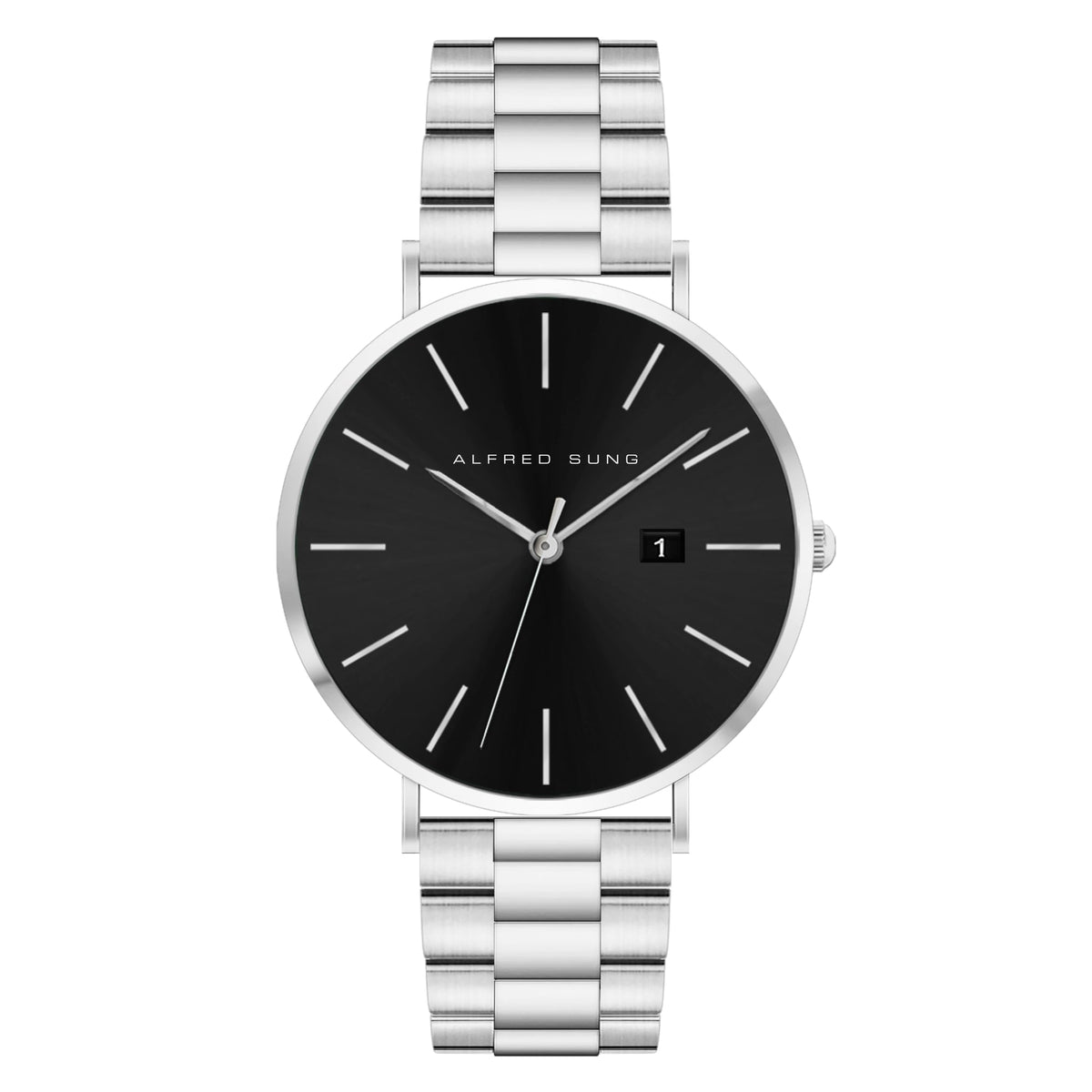 Alfred Sung Metropolitan Date Watch, Black Dial, Silver Bracelet