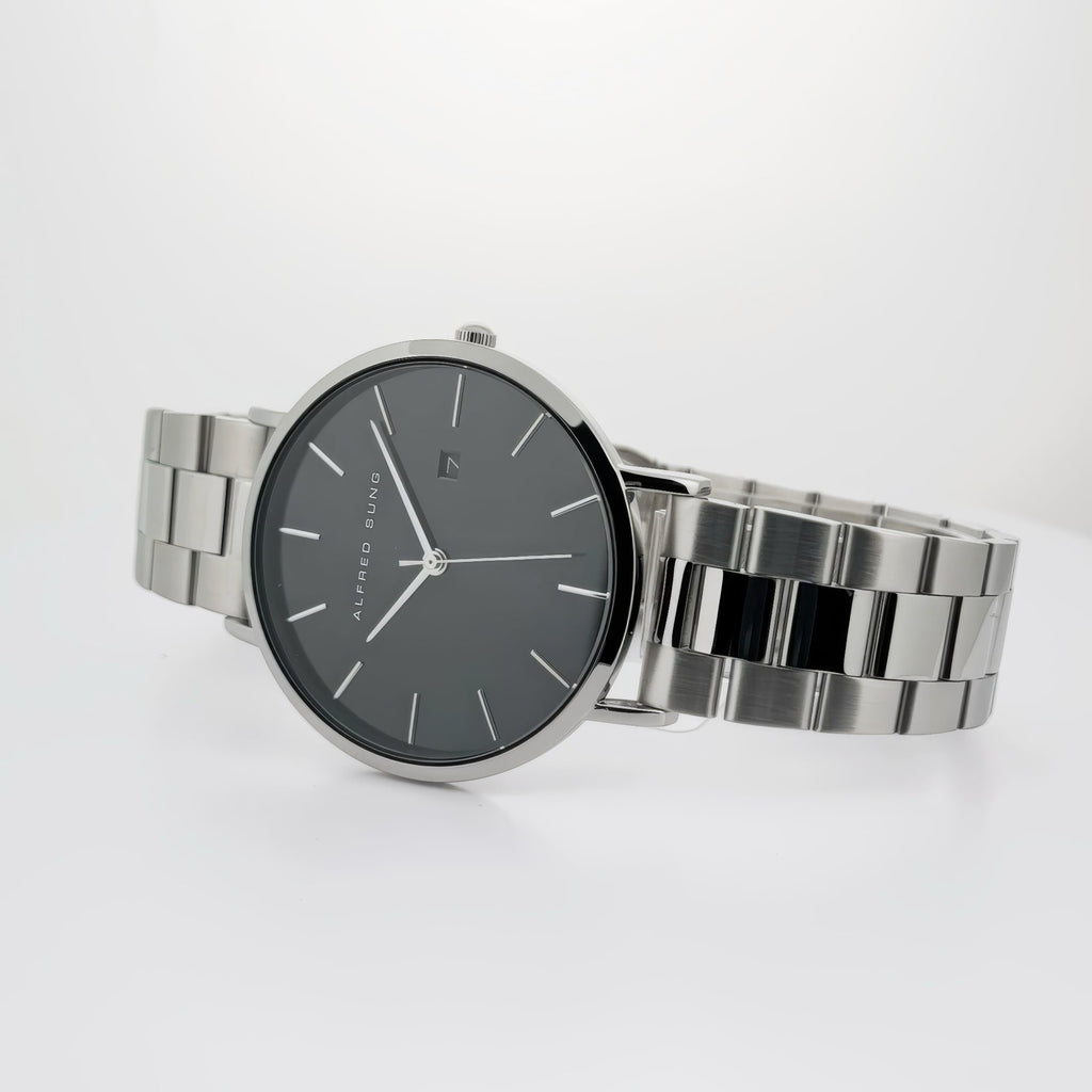 Alfred Sung Metropolitan Date Watch, Black Dial, Silver Bracelet, view 2