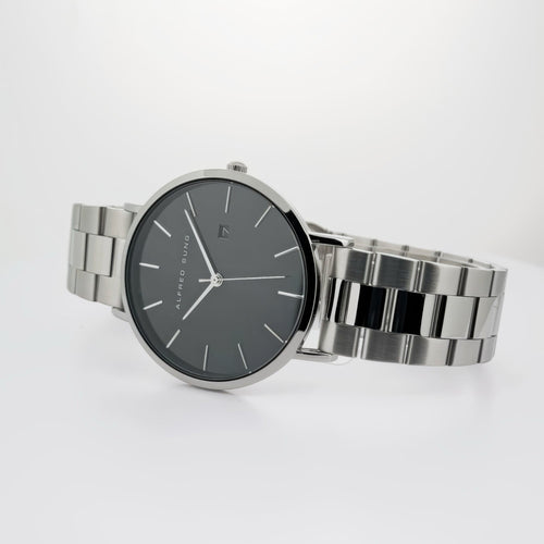 Alfred Sung Metropolitan Date Watch, Black Dial, Silver Bracelet, view 2