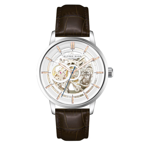 Alfred Sung Automatic III Skeleton Watch, Brown Leather Strap