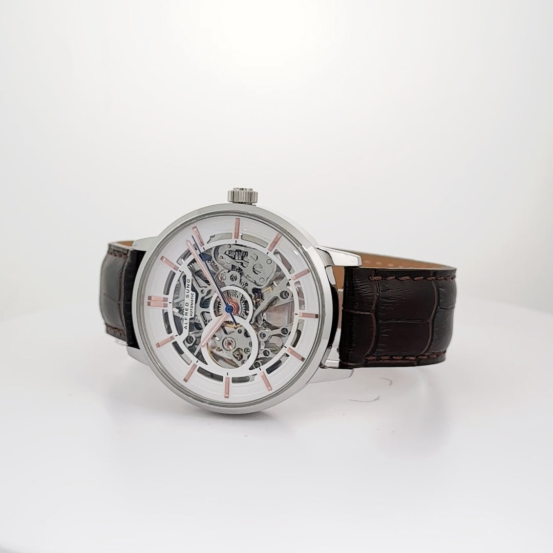 Alfred Sung Automatic III Skeleton Watch, Brown Leather Strap, view 2