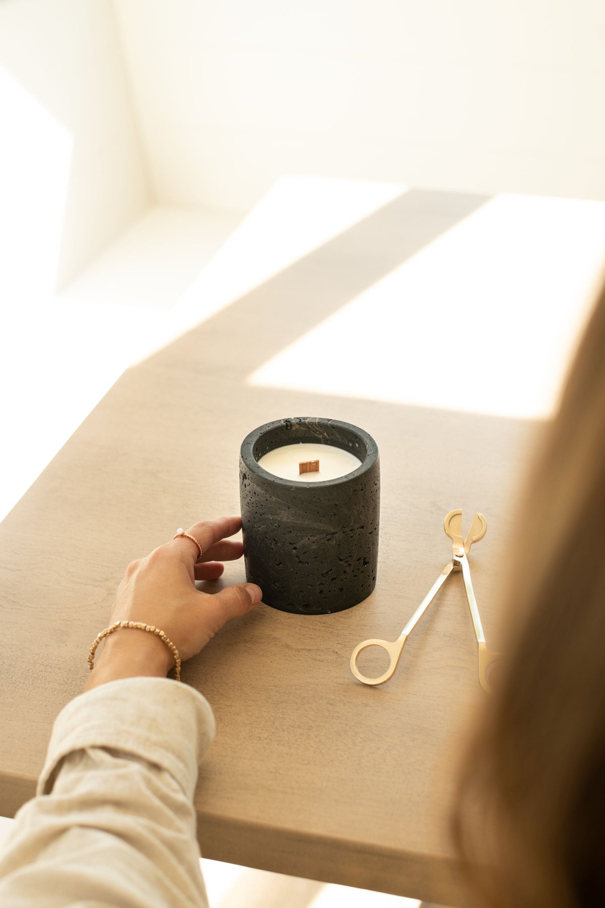 Travertine and Lava Rock Candle with Lid, view 2