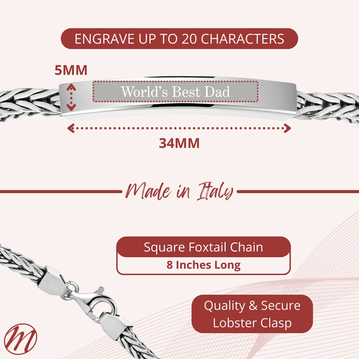 Men's Sterling Silver ID Bracelet, Foxtail Chain (Engravable) - view 6