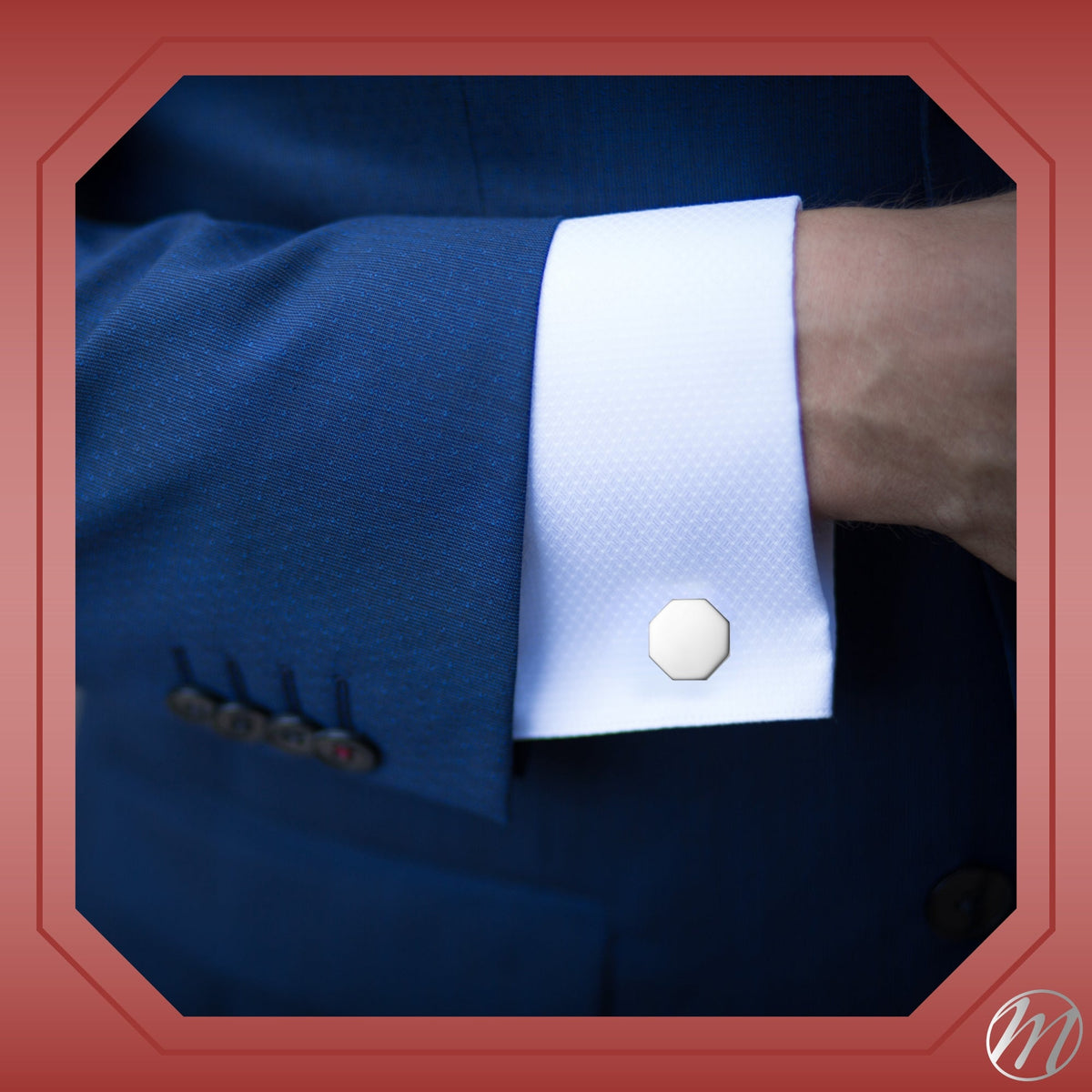 Engraved Sterling Silver Cufflinks, Octagon - view 2