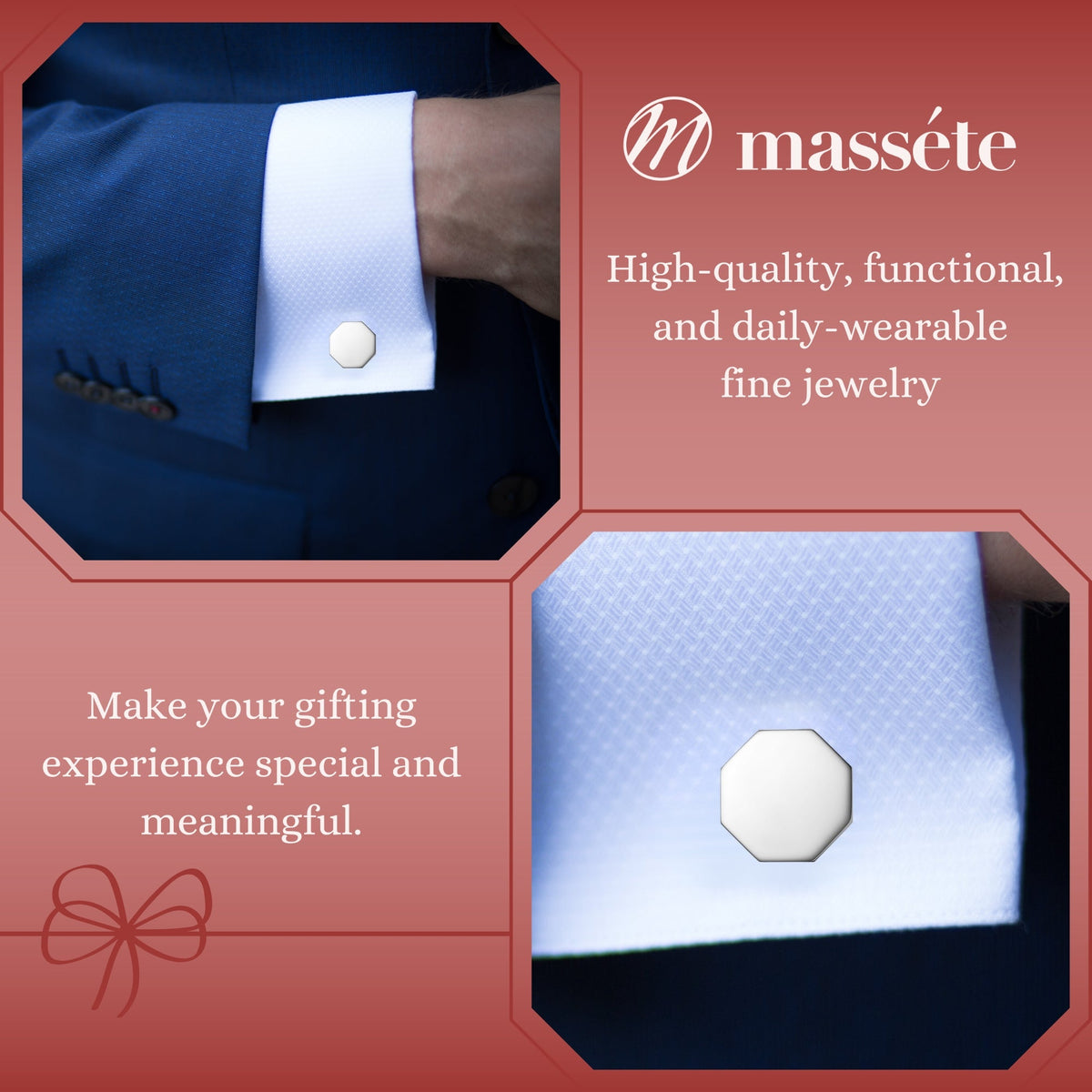 Engraved Sterling Silver Cufflinks, Octagon - view 3