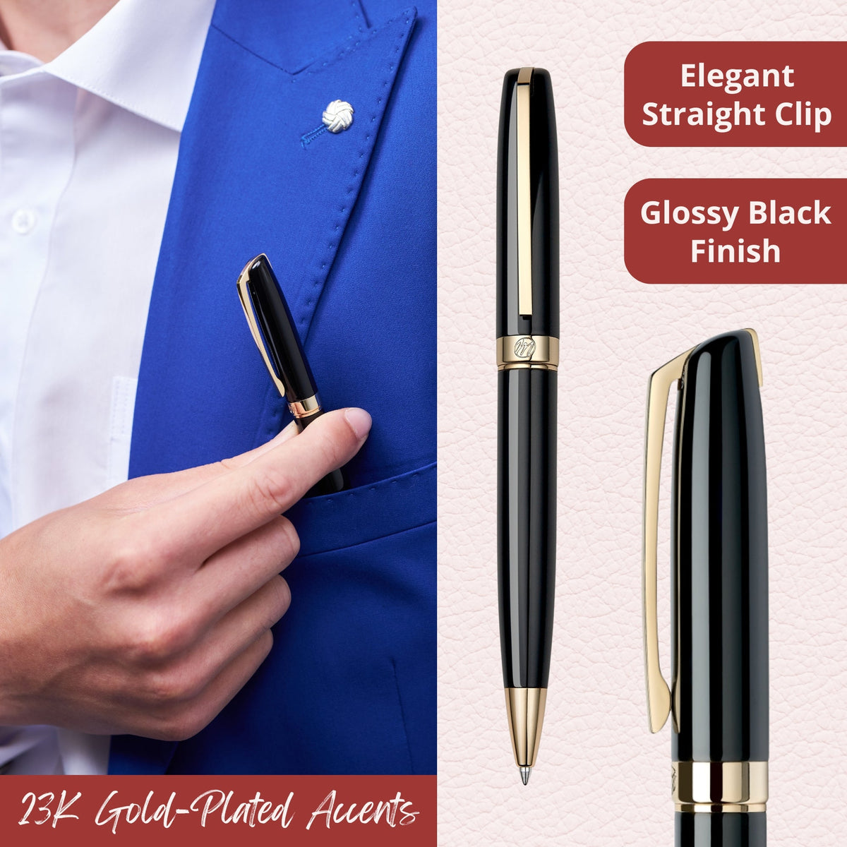 Massete Linea Ballpoint Pen, 23K Gold Trim, view 2