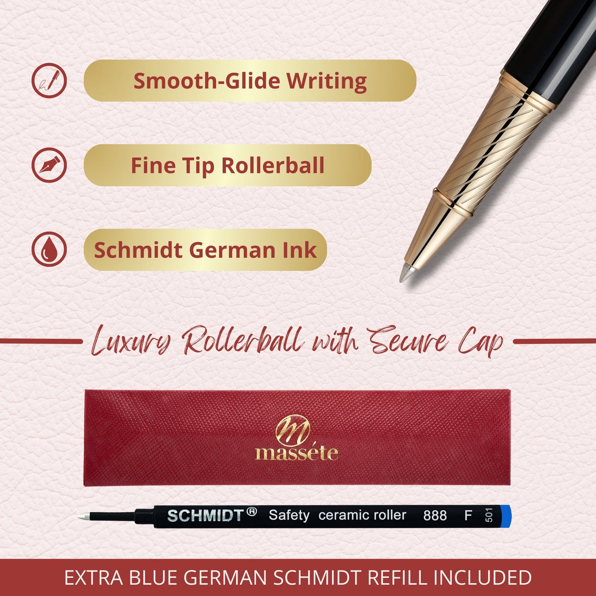 Massete Linea Rollerball Pen, 23K Gold Trim, view 4