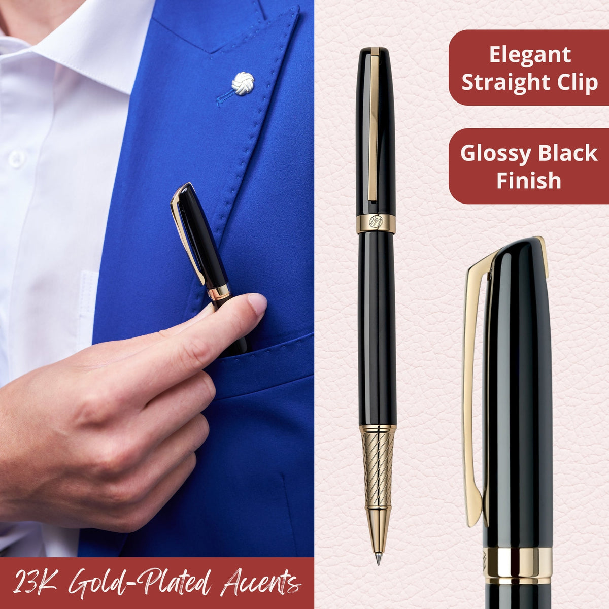 Massete Linea Rollerball Pen, 23K Gold Trim, view 2
