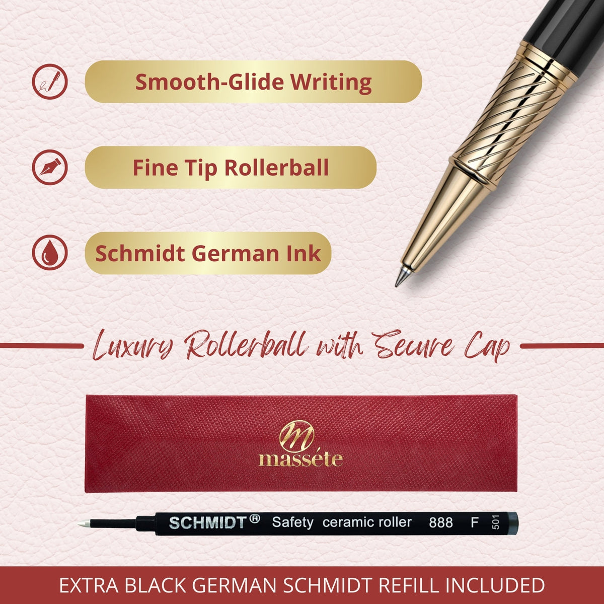 Massete Venero Rollerball Pen, 23K Gold Trim, view 3