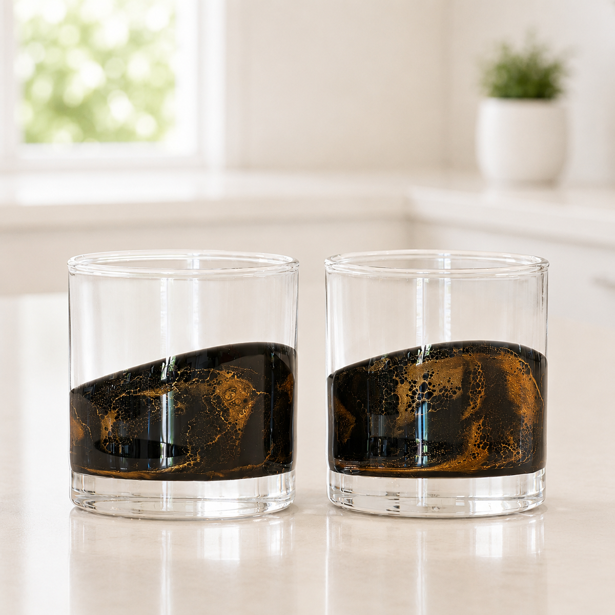 Resin Coated Whisky Glasses, Set of 2, Black Ember