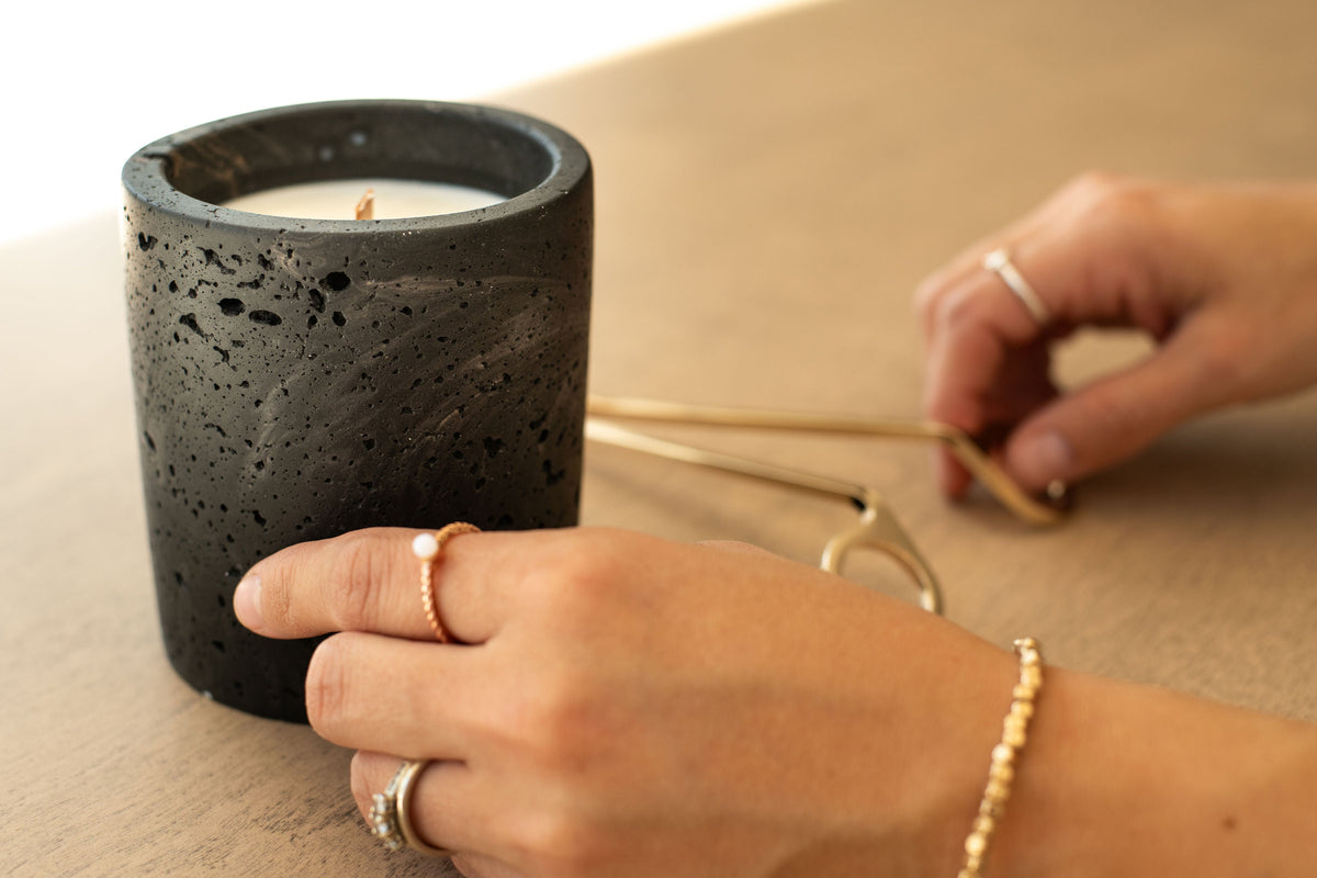 Travertine and Lava Rock Candle with Lid, Lava Rock / Coconut Lime