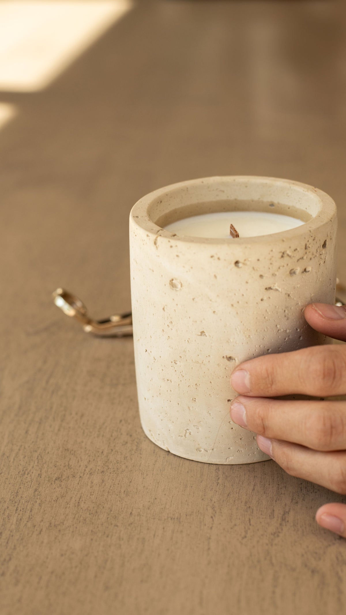 Travertine and Lava Rock Candle with Lid, view 6