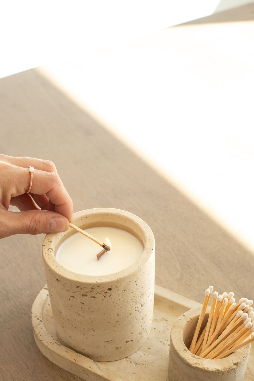 Travertine and Lava Rock Candle with Lid, view 5